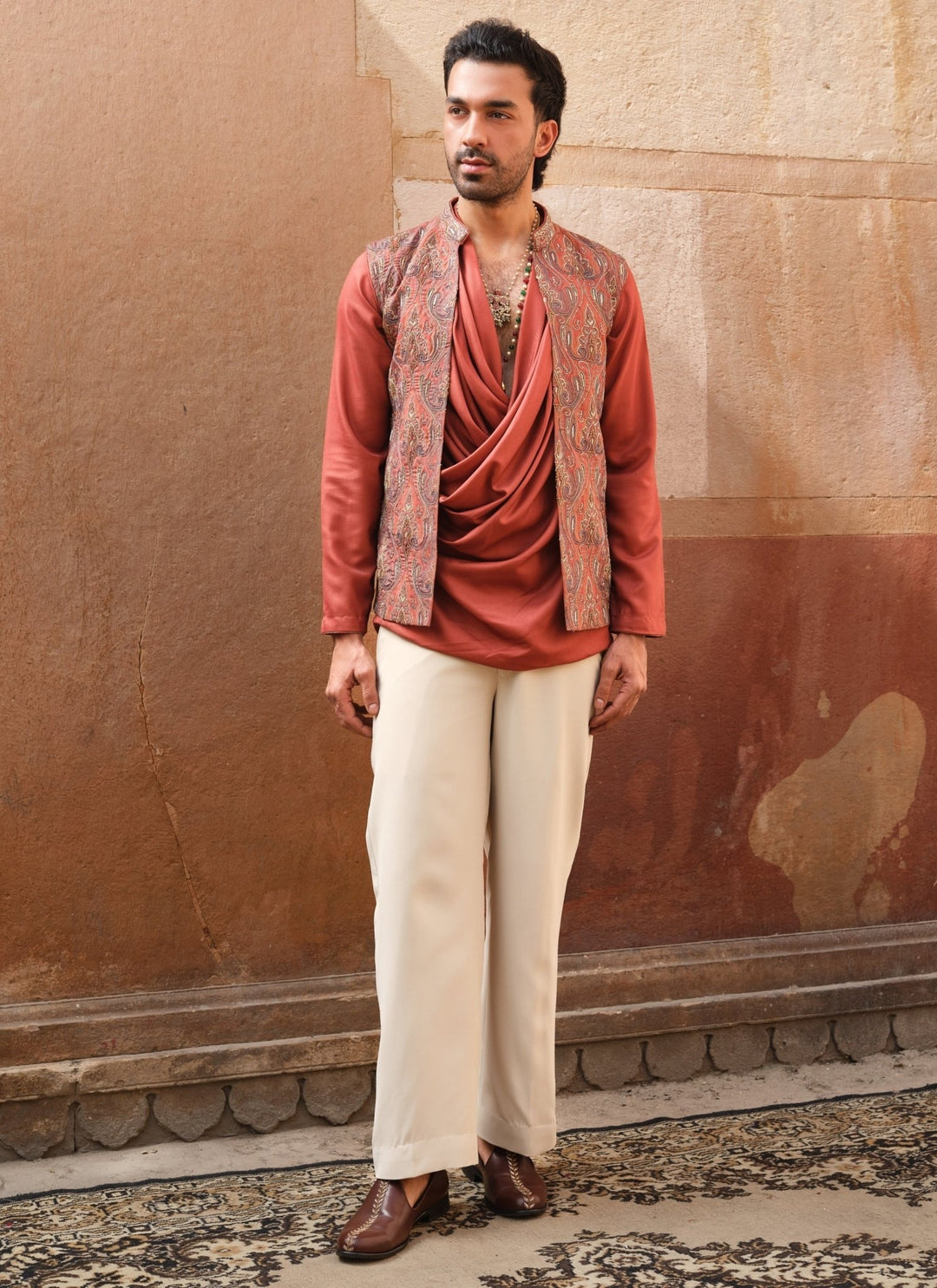 Darzi House Rust Orange Pashmina Cowl Kurta Set with Nehru JacketFabilicious Fashion
