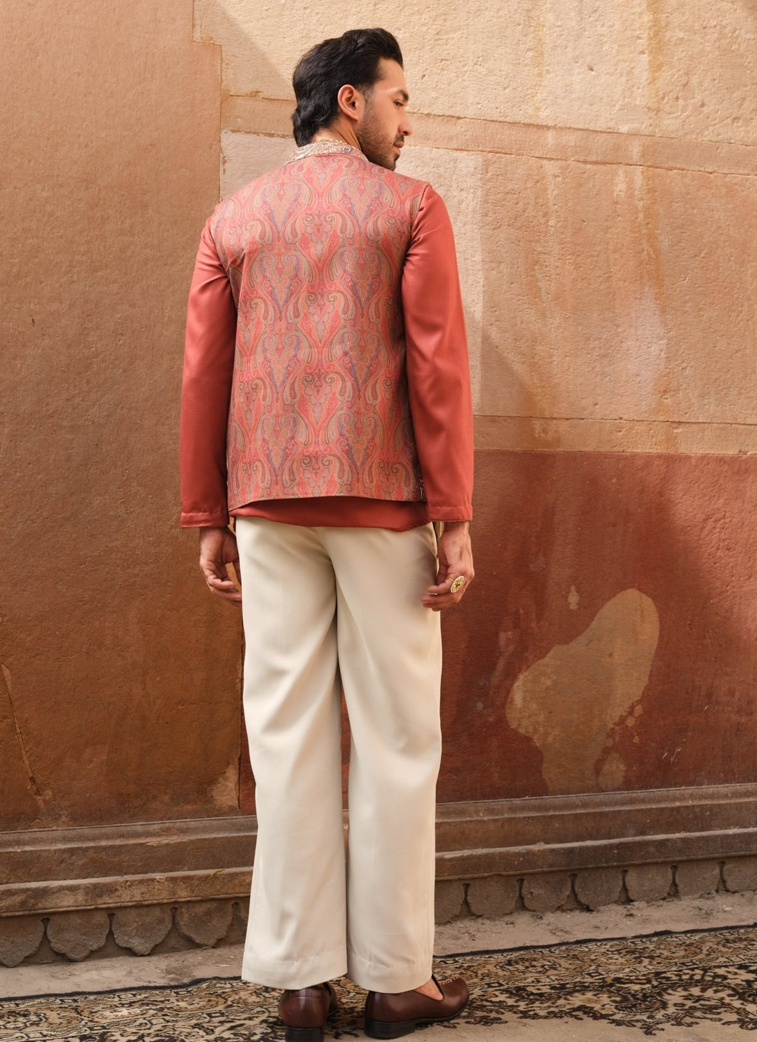 Darzi House Rust Orange Pashmina Cowl Kurta Set with Nehru JacketFabilicious Fashion
