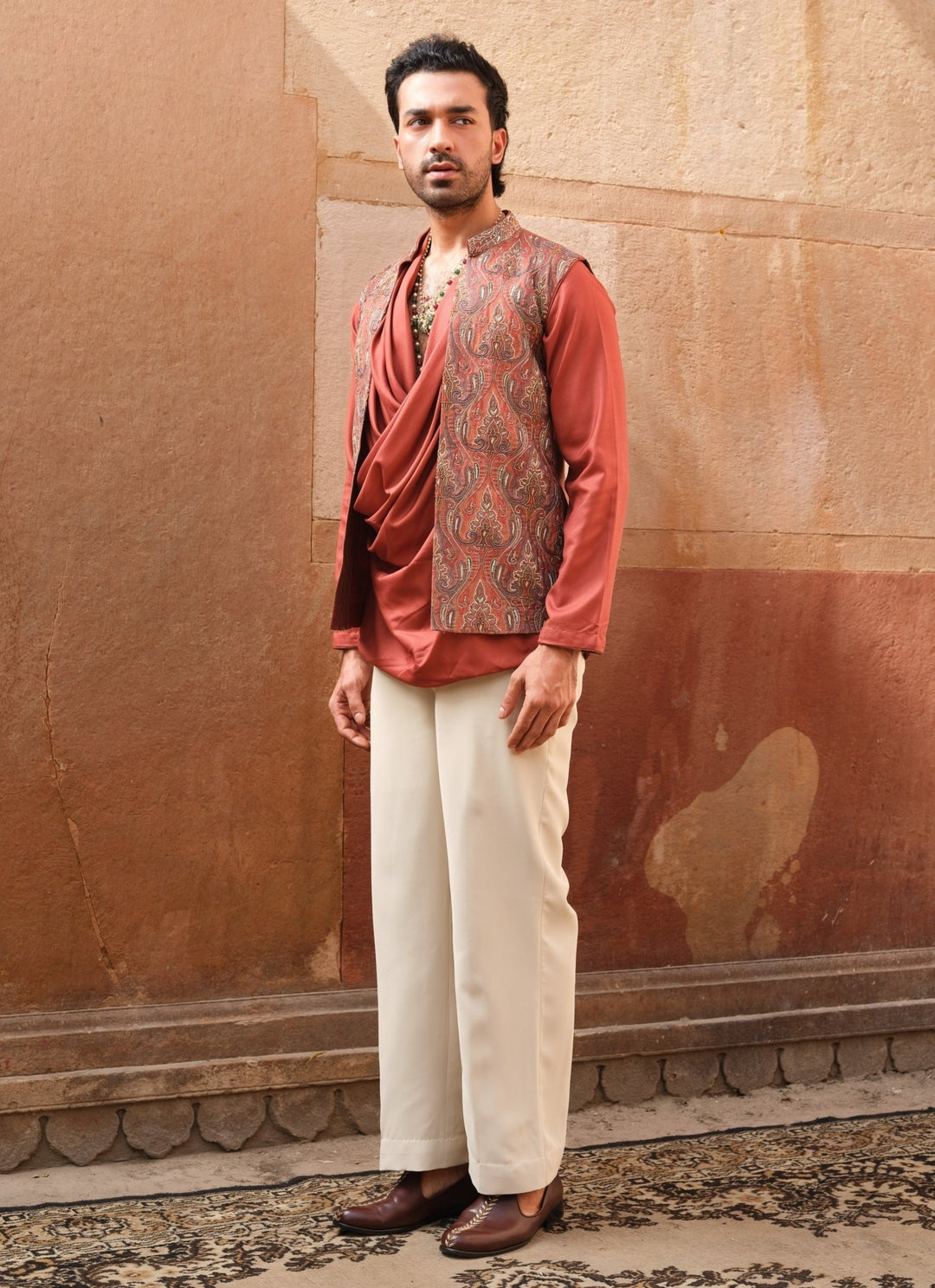 Darzi House Rust Orange Pashmina Cowl Kurta Set with Nehru JacketFabilicious Fashion