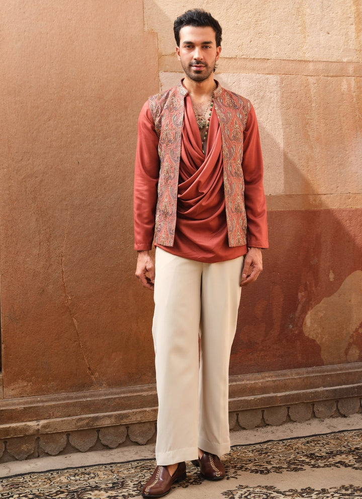 Darzi House Rust Orange Pashmina Cowl Kurta Set with Nehru JacketFabilicious Fashion