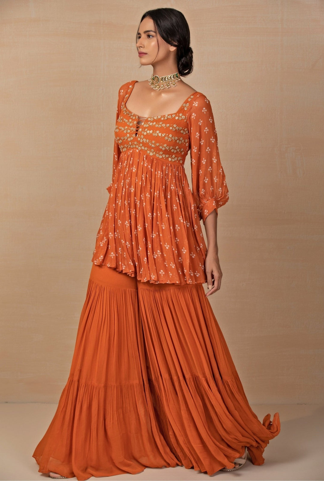 Esha Koul Rust Orange Printed Georgette Kurta Sharara SetFabilicious Fashion