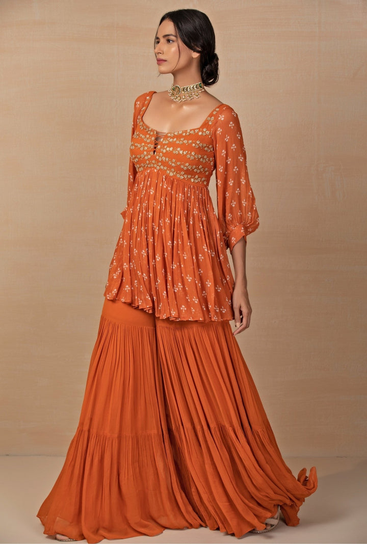 Esha Koul Rust Orange Printed Georgette Kurta Sharara SetFabilicious Fashion
