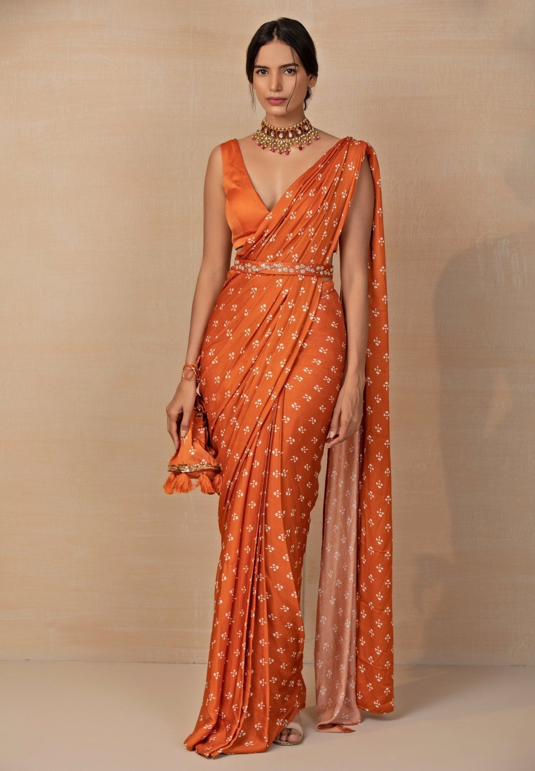 Rust Orange Printed Satin Pre - Draped Saree Esha Koul - Fabilicious Fashion