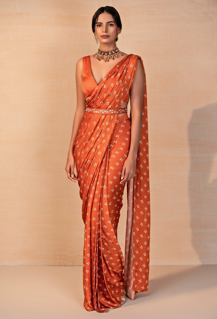 Rust Orange Printed Satin Pre - Draped Saree Esha Koul - Fabilicious Fashion