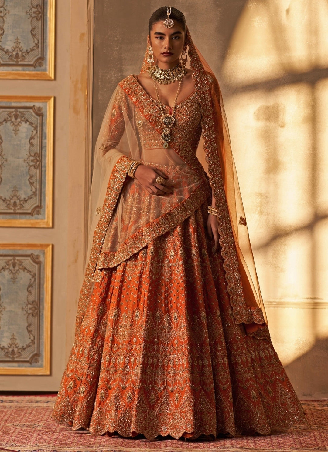 Rust Orange Raw Silk Double Dupatta Bridal Lehenga Set Angad Singh - Fabilicious Fashion