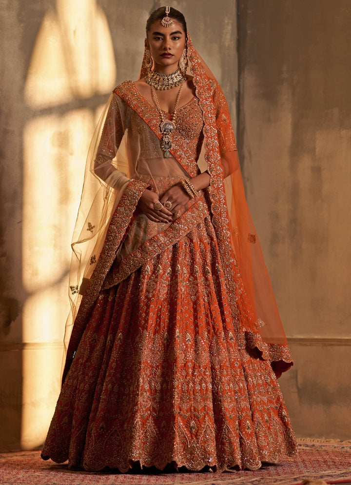 Rust Orange Raw Silk Double Dupatta Bridal Lehenga Set Angad Singh - Fabilicious Fashion