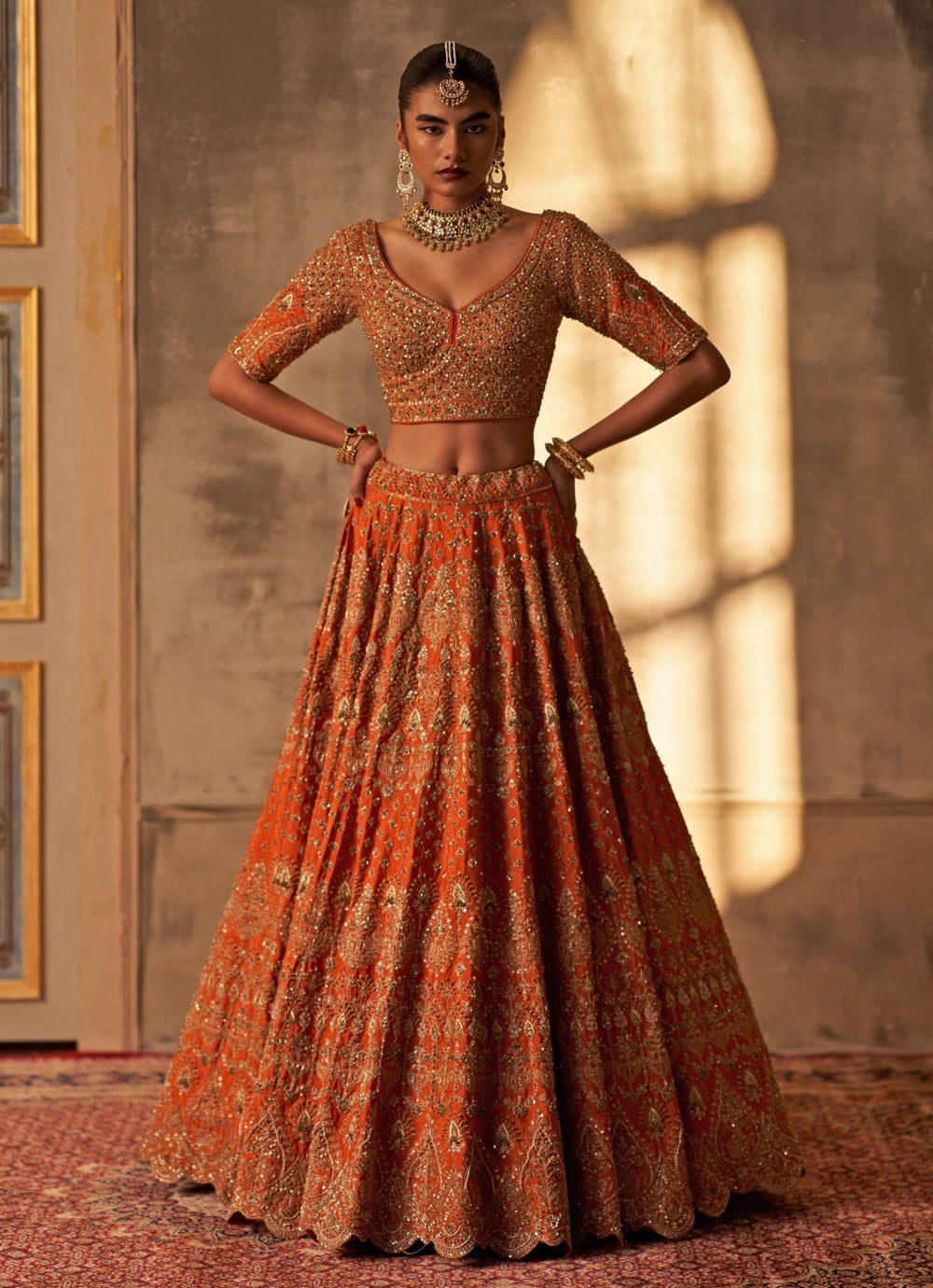 Rust Orange Raw Silk Double Dupatta Bridal Lehenga Set Angad Singh - Fabilicious Fashion