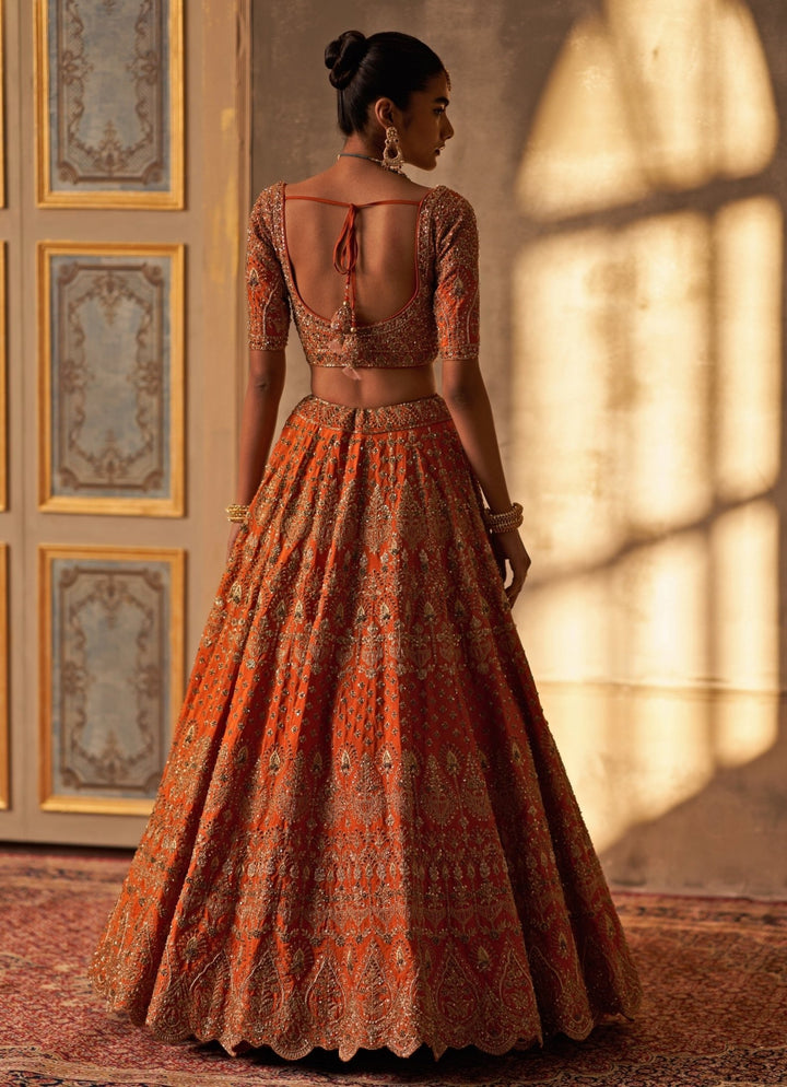 Rust Orange Raw Silk Double Dupatta Bridal Lehenga Set Angad Singh - Fabilicious Fashion