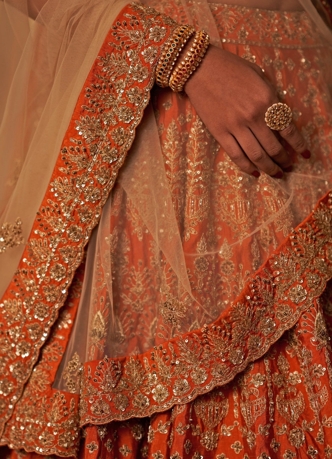 Rust Orange Raw Silk Double Dupatta Bridal Lehenga Set Angad Singh - Fabilicious Fashion