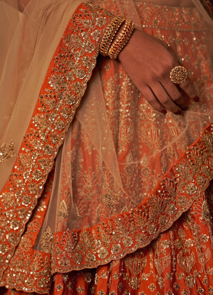 Rust Orange Raw Silk Double Dupatta Bridal Lehenga Set Angad Singh - Fabilicious Fashion