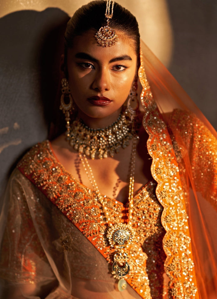Rust Orange Raw Silk Double Dupatta Bridal Lehenga Set Angad Singh - Fabilicious Fashion