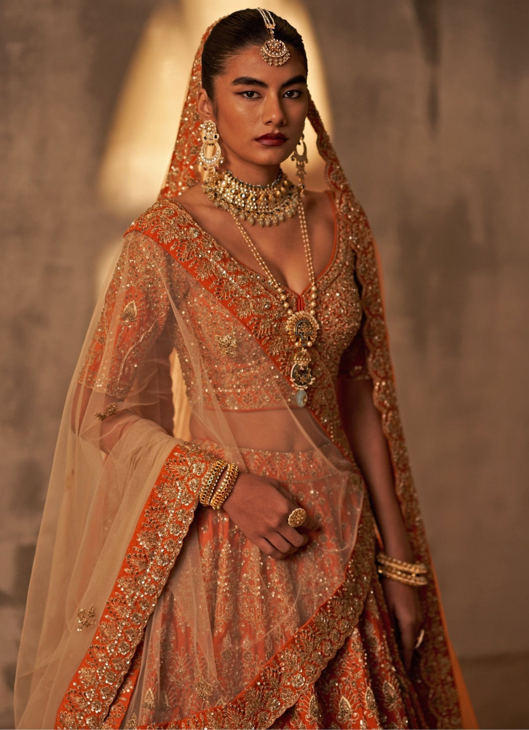 Rust Orange Raw Silk Double Dupatta Bridal Lehenga Set Angad Singh - Fabilicious Fashion
