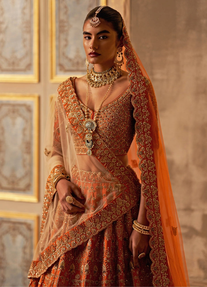 Rust Orange Raw Silk Double Dupatta Bridal Lehenga Set Angad Singh - Fabilicious Fashion