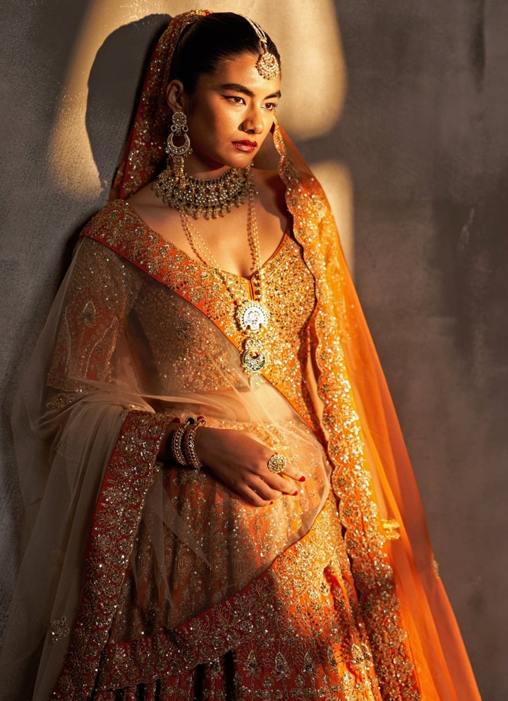 Rust Orange Raw Silk Double Dupatta Bridal Lehenga Set Angad Singh - Fabilicious Fashion