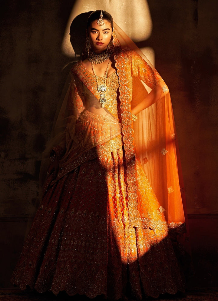 Rust Orange Raw Silk Double Dupatta Bridal Lehenga Set Angad Singh - Fabilicious Fashion