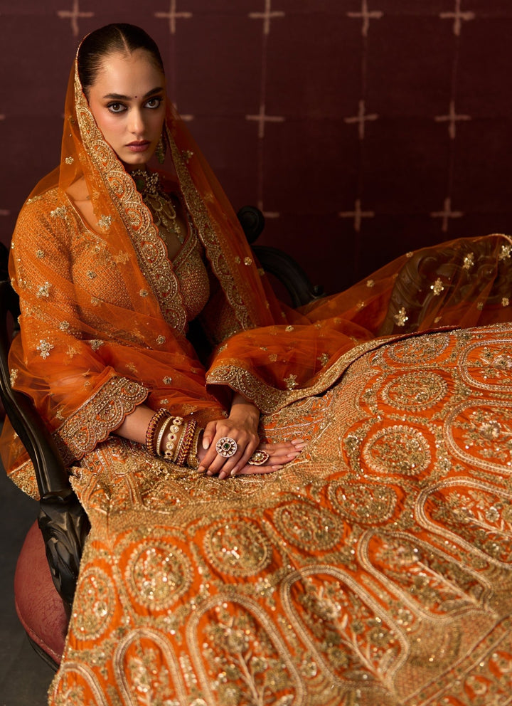 Angad Singh Rust Orange Raw Silk Double Dupatta Bridal LehengaFabilicious Fashion