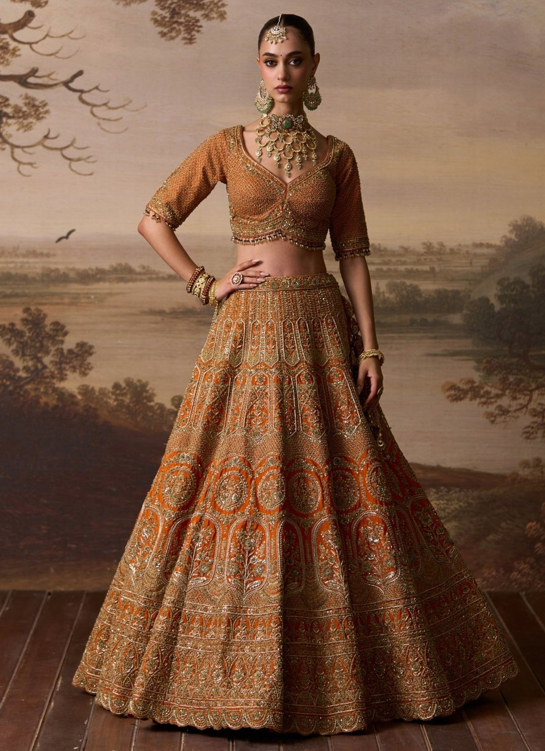 Angad Singh Rust Orange Raw Silk Double Dupatta Bridal LehengaFabilicious Fashion
