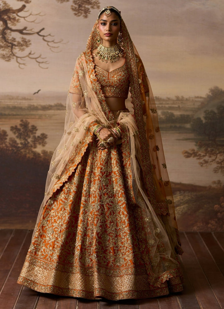 Angad Singh Rust Orange Raw Silk Double Dupatta LehengaFabilicious Fashion