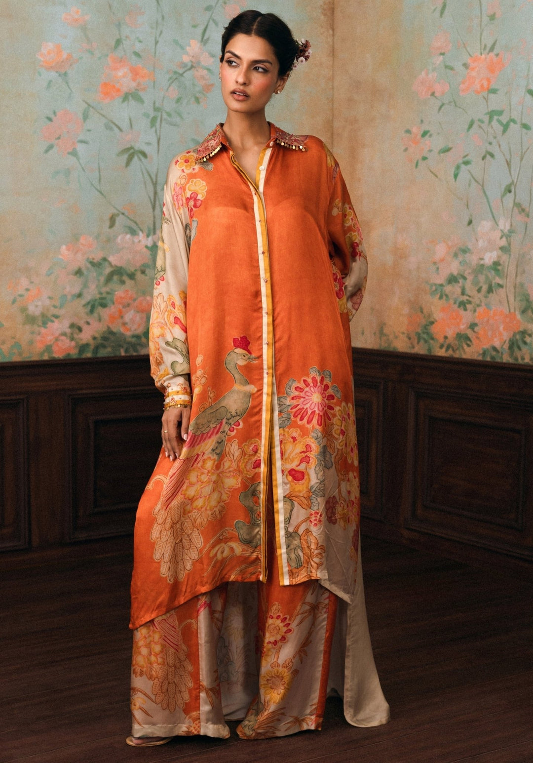 Paulmi and Harsh Rust Orange Satin Shirt Pants SetFabilicious Fashion