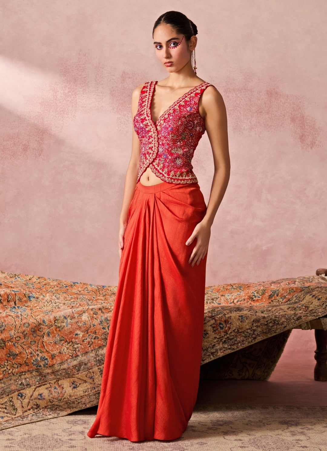 Chamee And Palak Rust Orange Silk Drape Skirt With Pink VestFabilicious Fashion