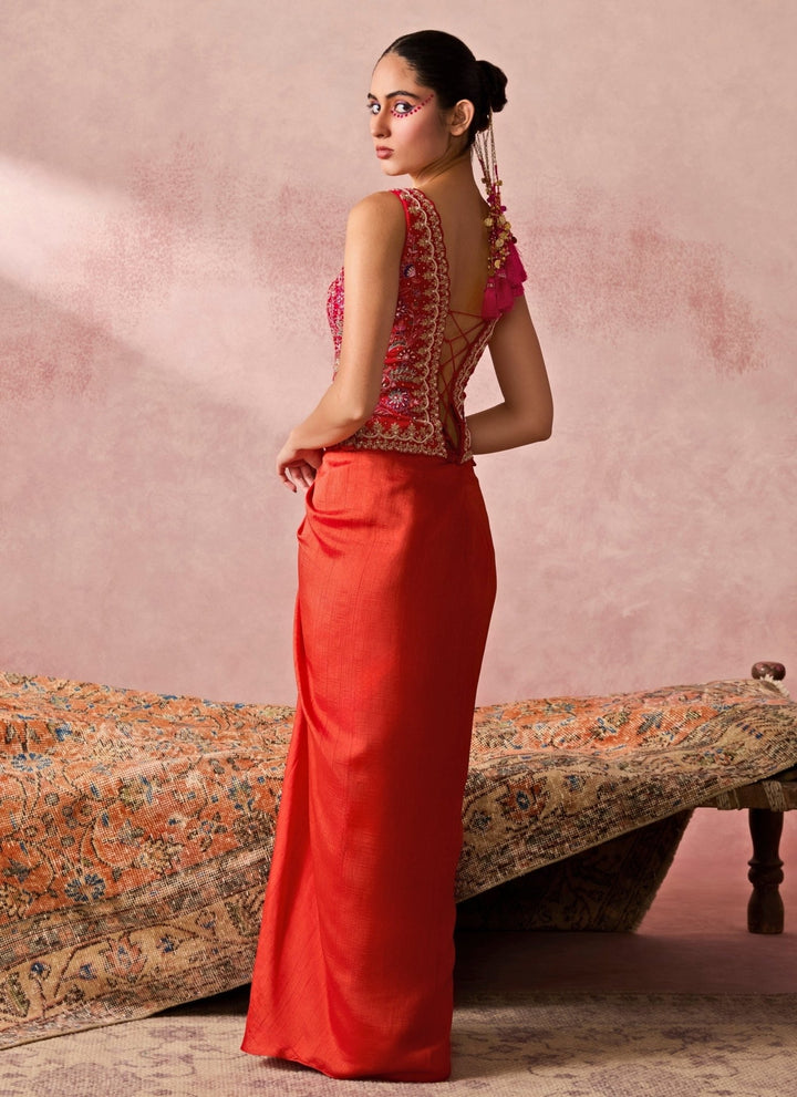 Chamee And Palak Rust Orange Silk Drape Skirt With Pink VestFabilicious Fashion