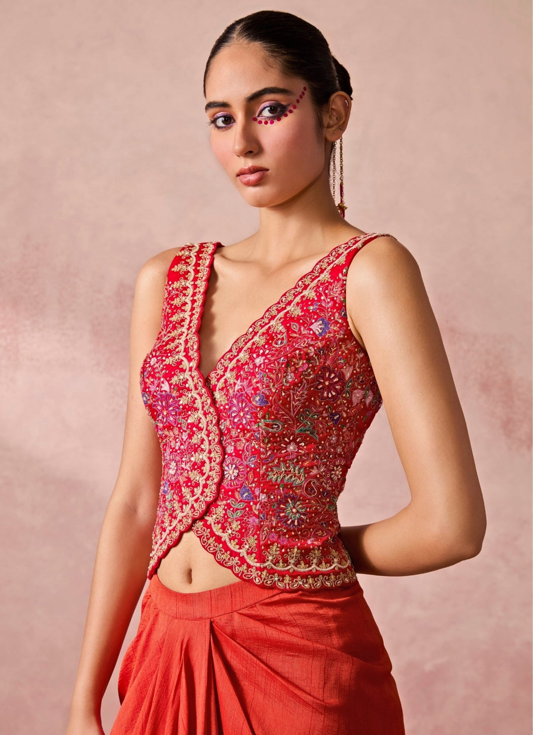 Chamee And Palak Rust Orange Silk Drape Skirt With Pink VestFabilicious Fashion