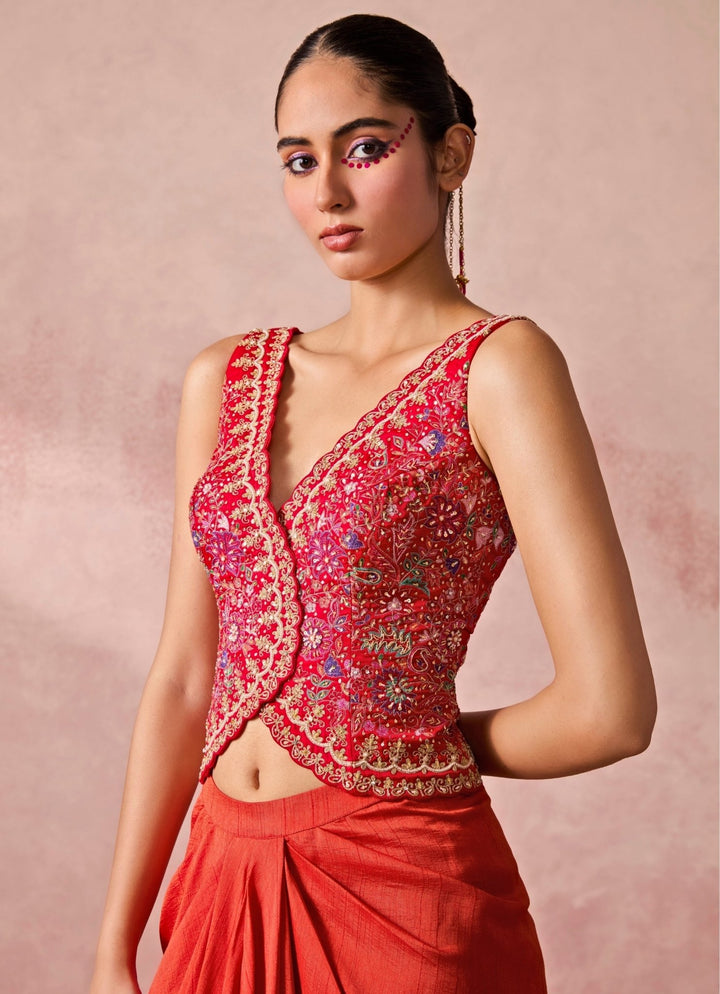Chamee And Palak Rust Orange Silk Drape Skirt With Pink VestFabilicious Fashion
