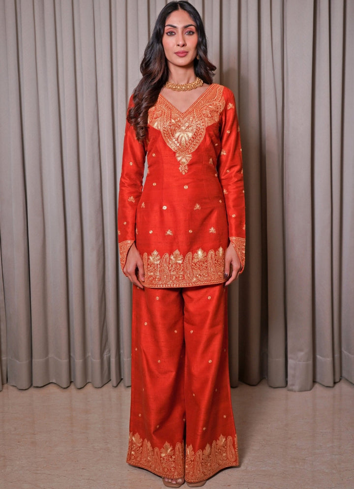 Rust Orange Silk Kurta Pants Set Esha Koul - Fabilicious Fashion