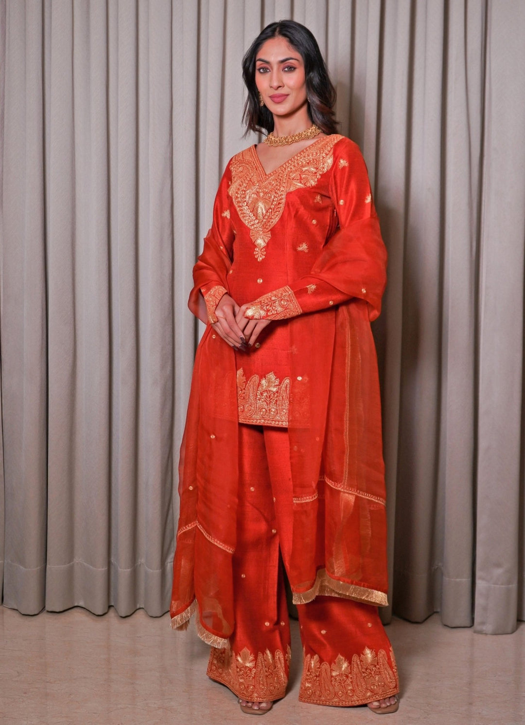 Rust Orange Silk Kurta Pants Set Esha Koul - Fabilicious Fashion
