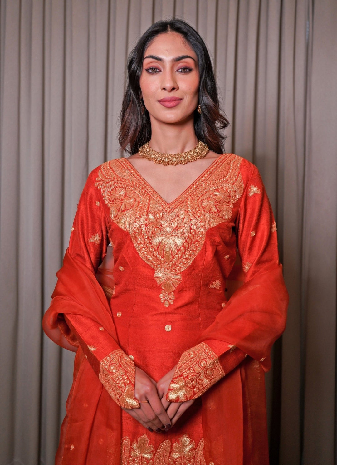 Rust Orange Silk Kurta Pants Set Esha Koul - Fabilicious Fashion