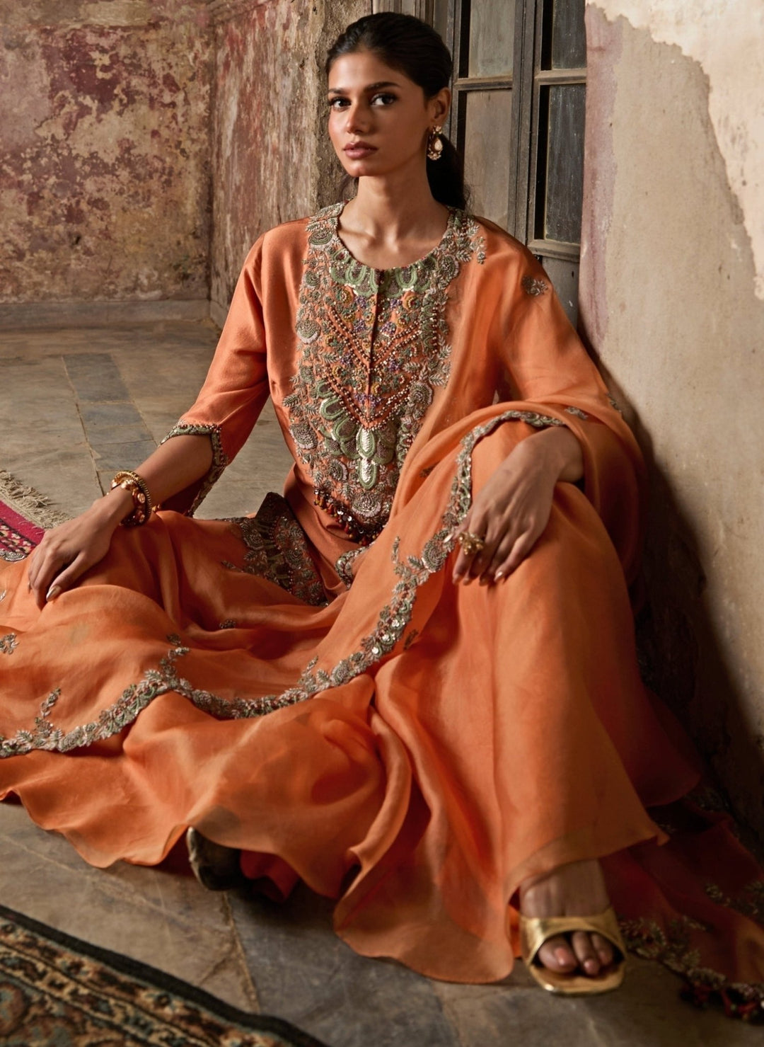 Prisho Rust Orange Silk Kurta Sharara SetFabilicious Fashion