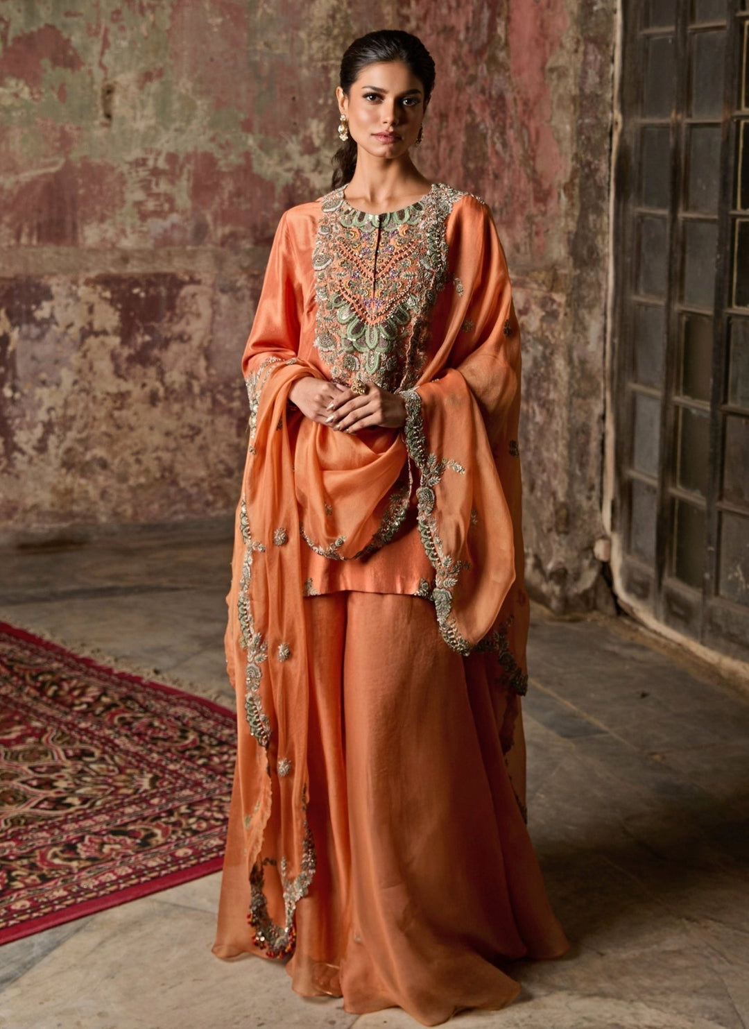 Prisho Rust Orange Silk Kurta Sharara SetFabilicious Fashion