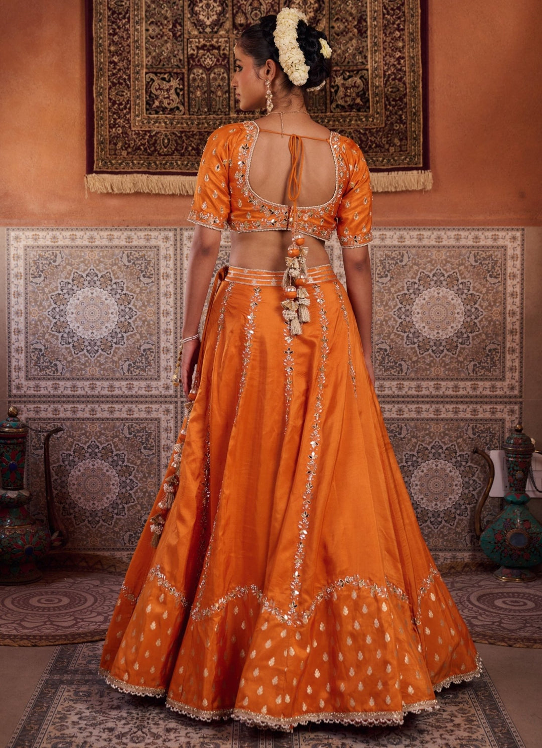 Rust Orange Silk Lehenga Set KAPDA DORI - Fabilicious Fashion