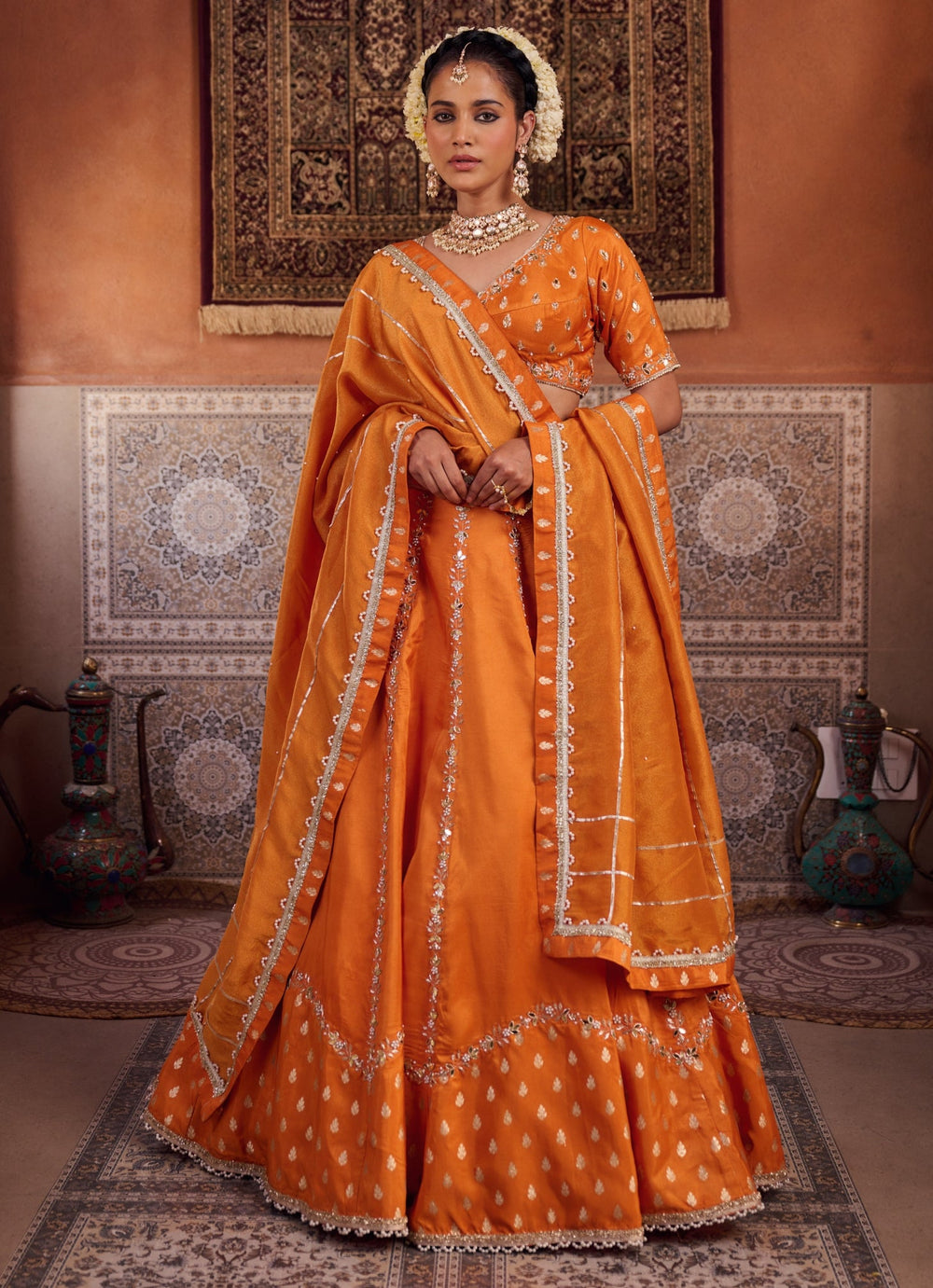 Rust Orange Silk Lehenga Set KAPDA DORI - Fabilicious Fashion