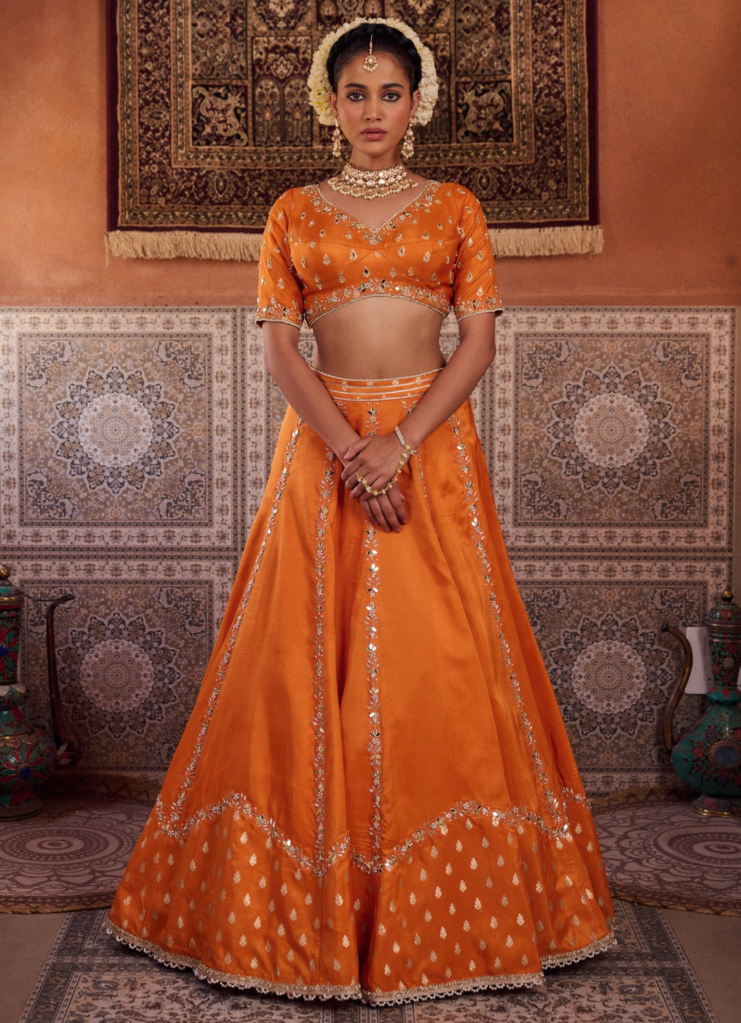 Rust Orange Silk Lehenga Set KAPDA DORI - Fabilicious Fashion
