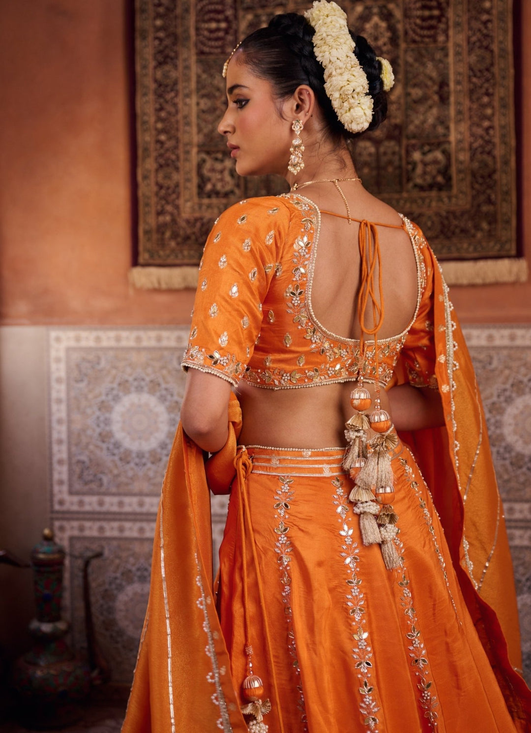 Rust Orange Silk Lehenga Set KAPDA DORI - Fabilicious Fashion