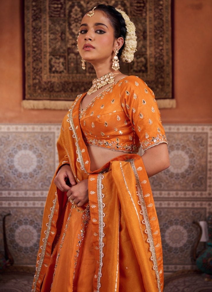 Rust Orange Silk Lehenga Set KAPDA DORI - Fabilicious Fashion
