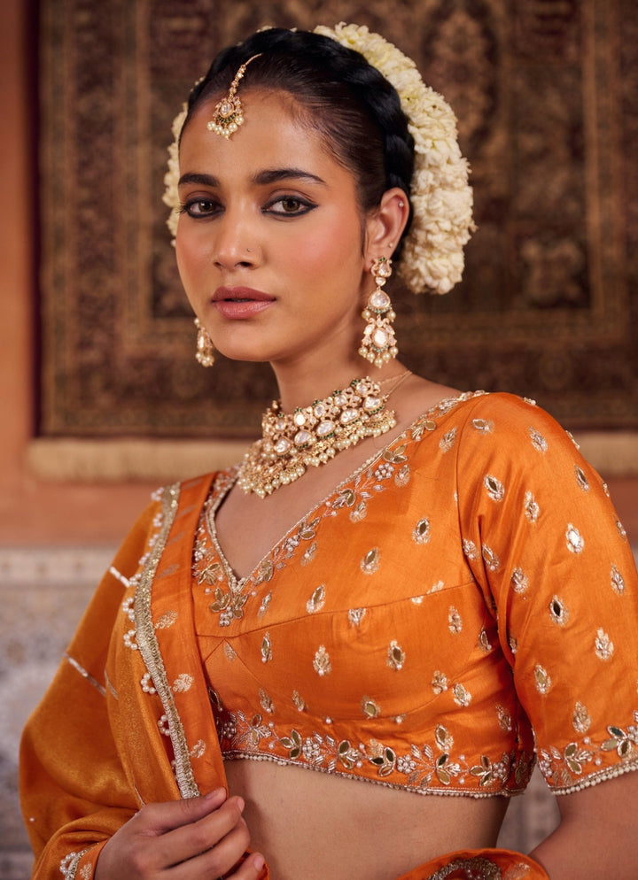 Rust Orange Silk Lehenga Set KAPDA DORI - Fabilicious Fashion