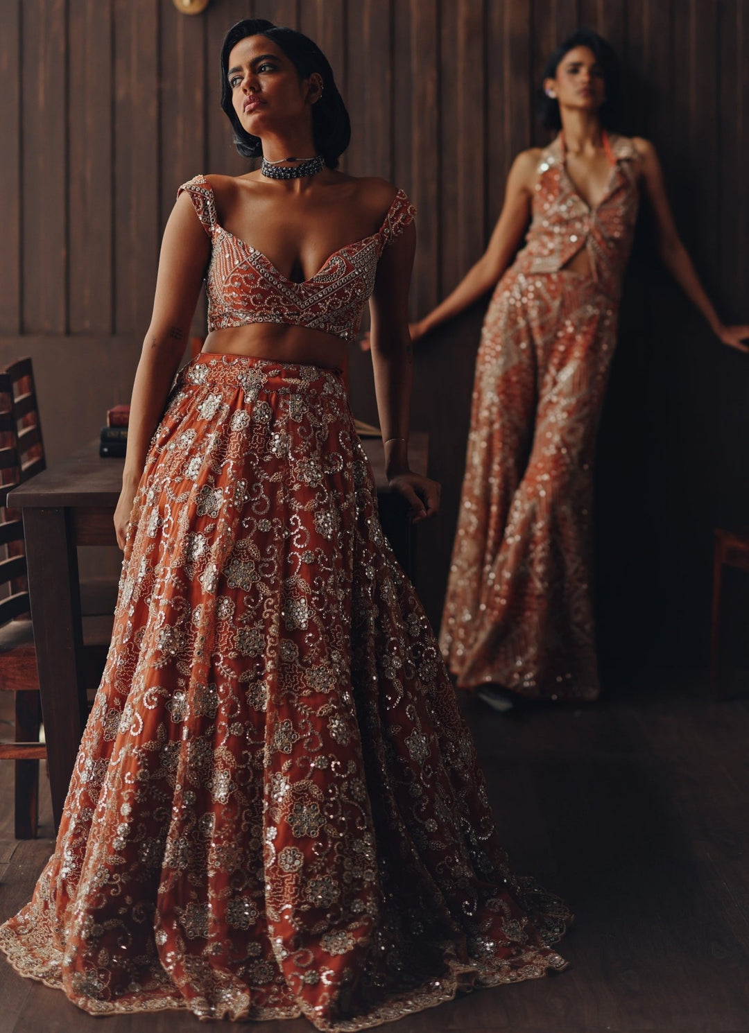 Rust Orange Soft Net Mirror Lehenga Twenty Nine - Fabilicious Fashion