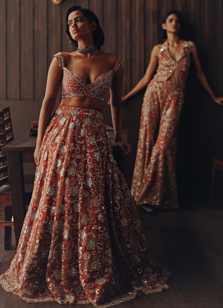 Rust Orange Soft Net Mirror Lehenga Twenty Nine - Fabilicious Fashion