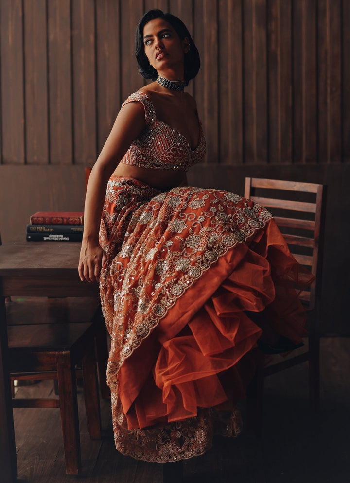 Rust Orange Soft Net Mirror Lehenga Twenty Nine - Fabilicious Fashion
