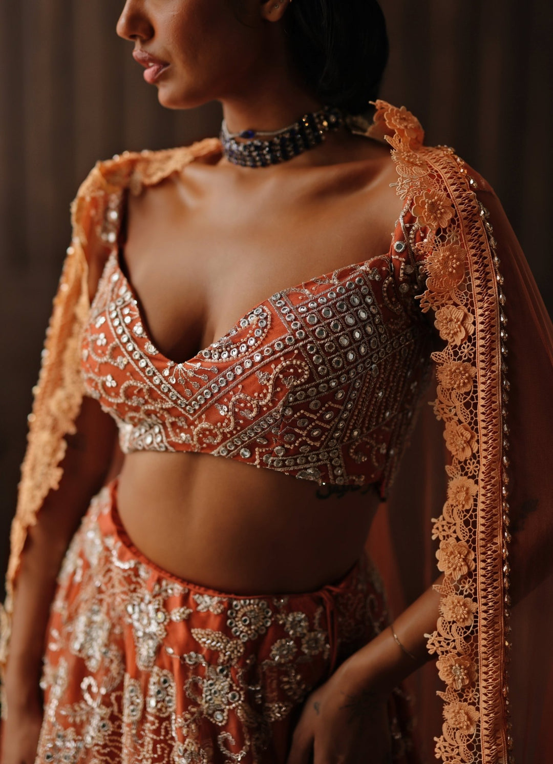 Rust Orange Soft Net Mirror Lehenga Twenty Nine - Fabilicious Fashion