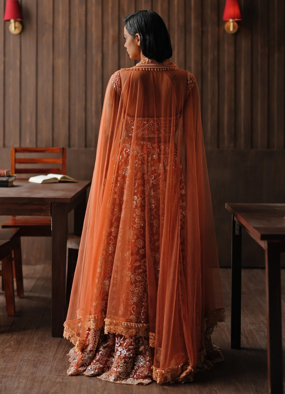 Rust Orange Soft Net Mirror Lehenga Twenty Nine - Fabilicious Fashion