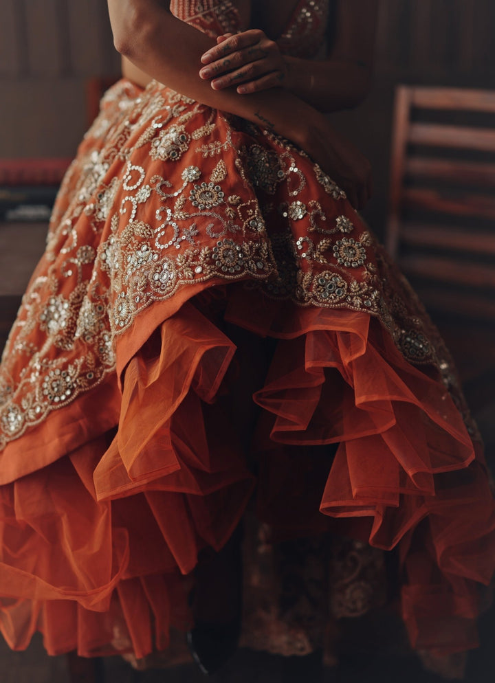 Rust Orange Soft Net Mirror Lehenga Twenty Nine - Fabilicious Fashion