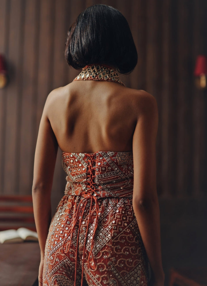 Rust Orange Soft Net Waistcoat With Bootcut Pants Twenty Nine - Fabilicious Fashion