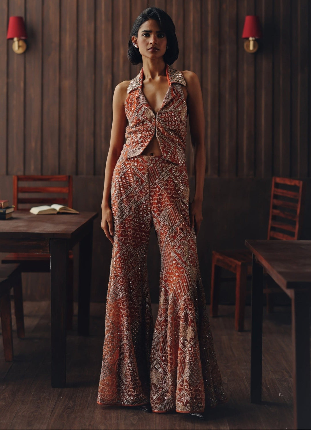 Rust Orange Soft Net Waistcoat With Bootcut Pants Twenty Nine - Fabilicious Fashion