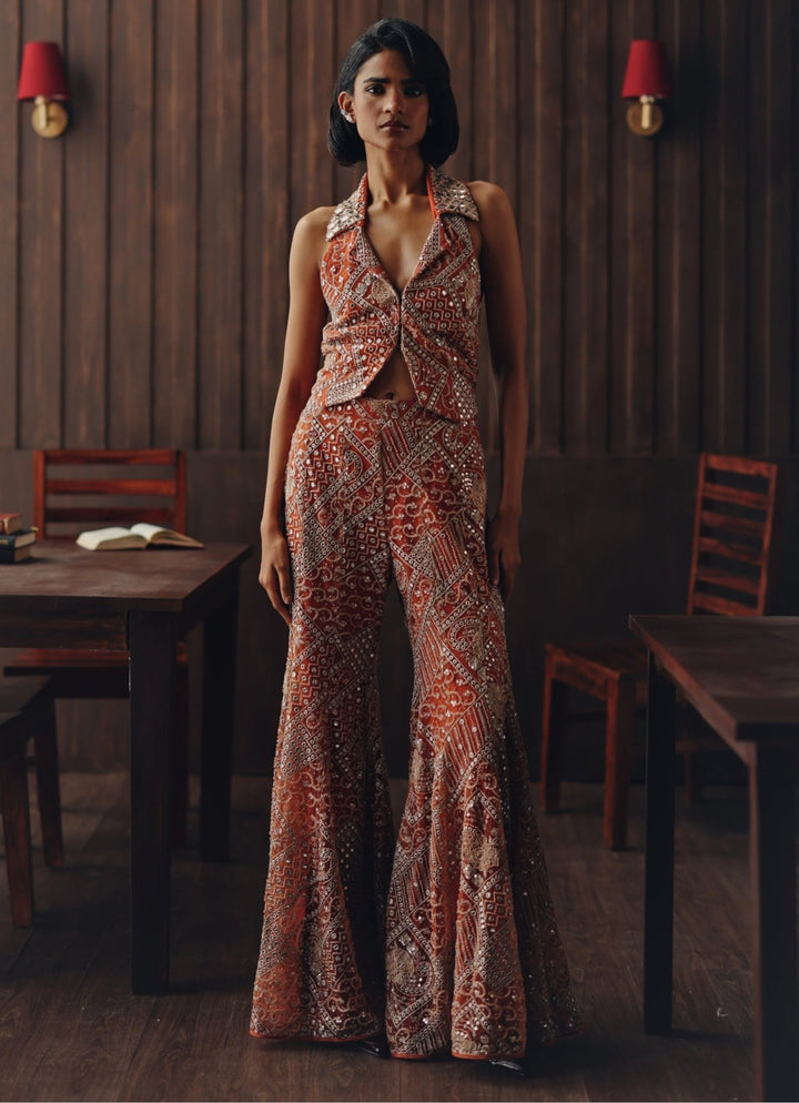 Rust Orange Soft Net Waistcoat With Bootcut Pants Twenty Nine - Fabilicious Fashion