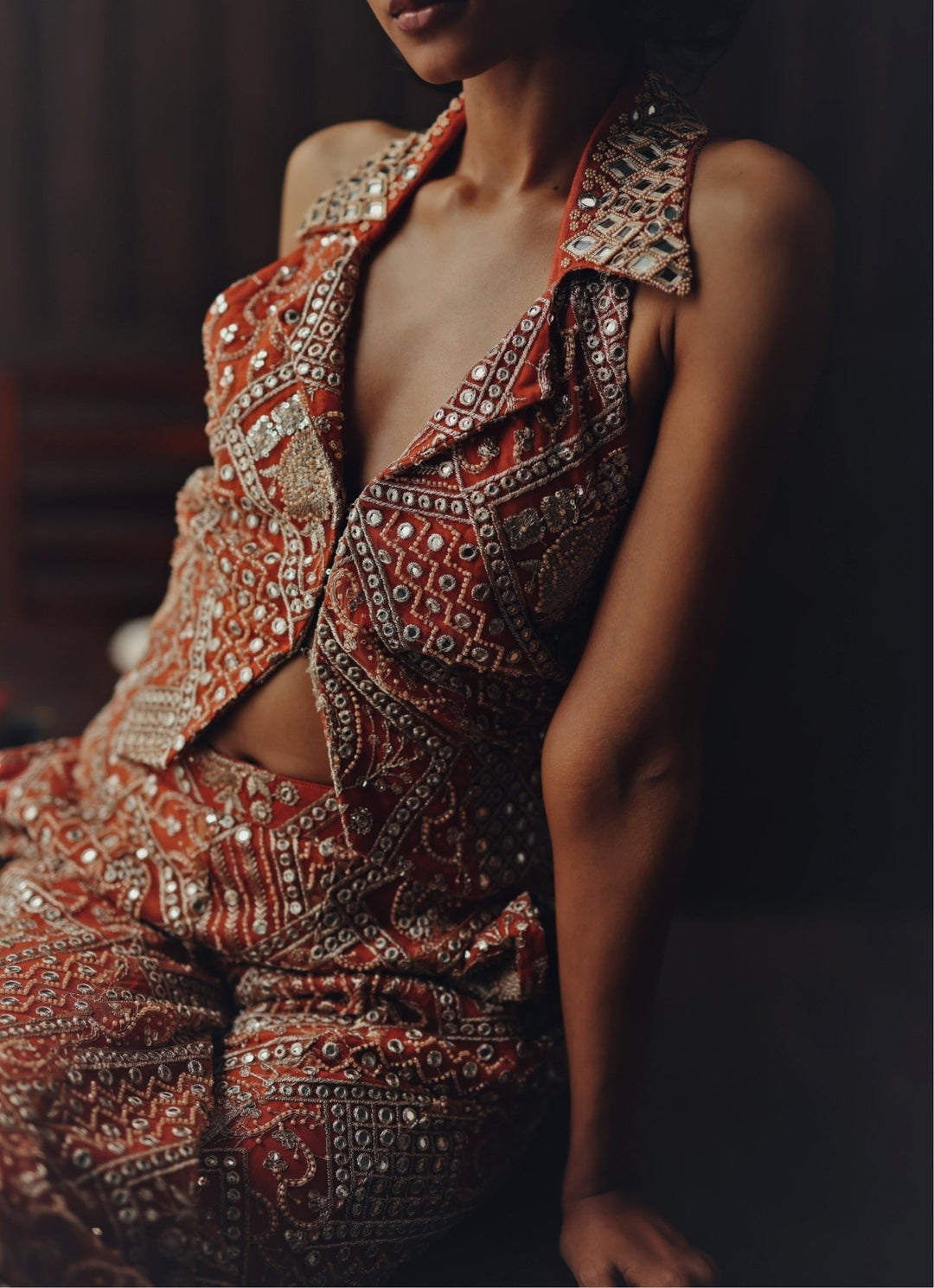 Rust Orange Soft Net Waistcoat With Bootcut Pants Twenty Nine - Fabilicious Fashion