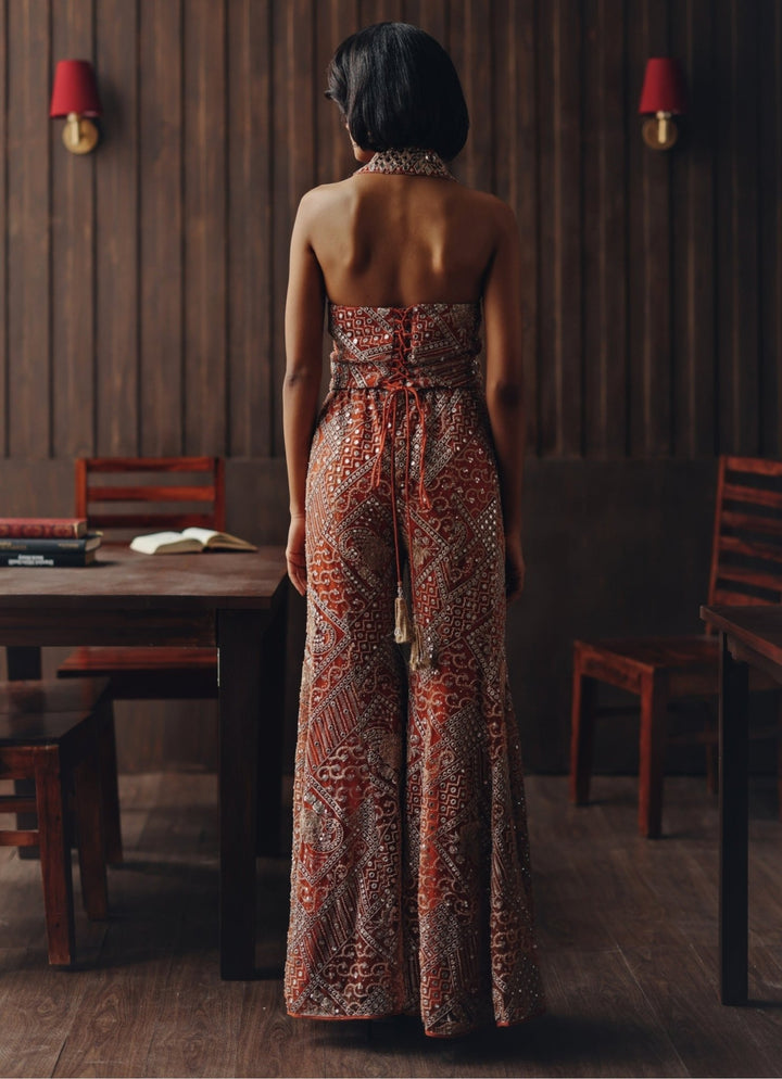 Rust Orange Soft Net Waistcoat With Bootcut Pants Twenty Nine - Fabilicious Fashion