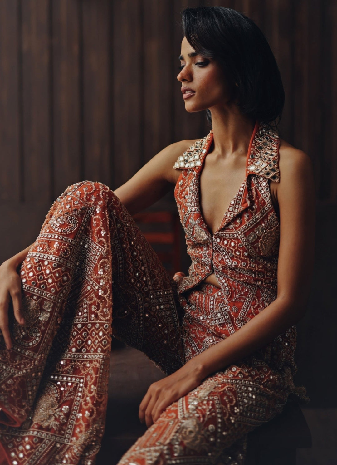 Rust Orange Soft Net Waistcoat With Bootcut Pants Twenty Nine - Fabilicious Fashion